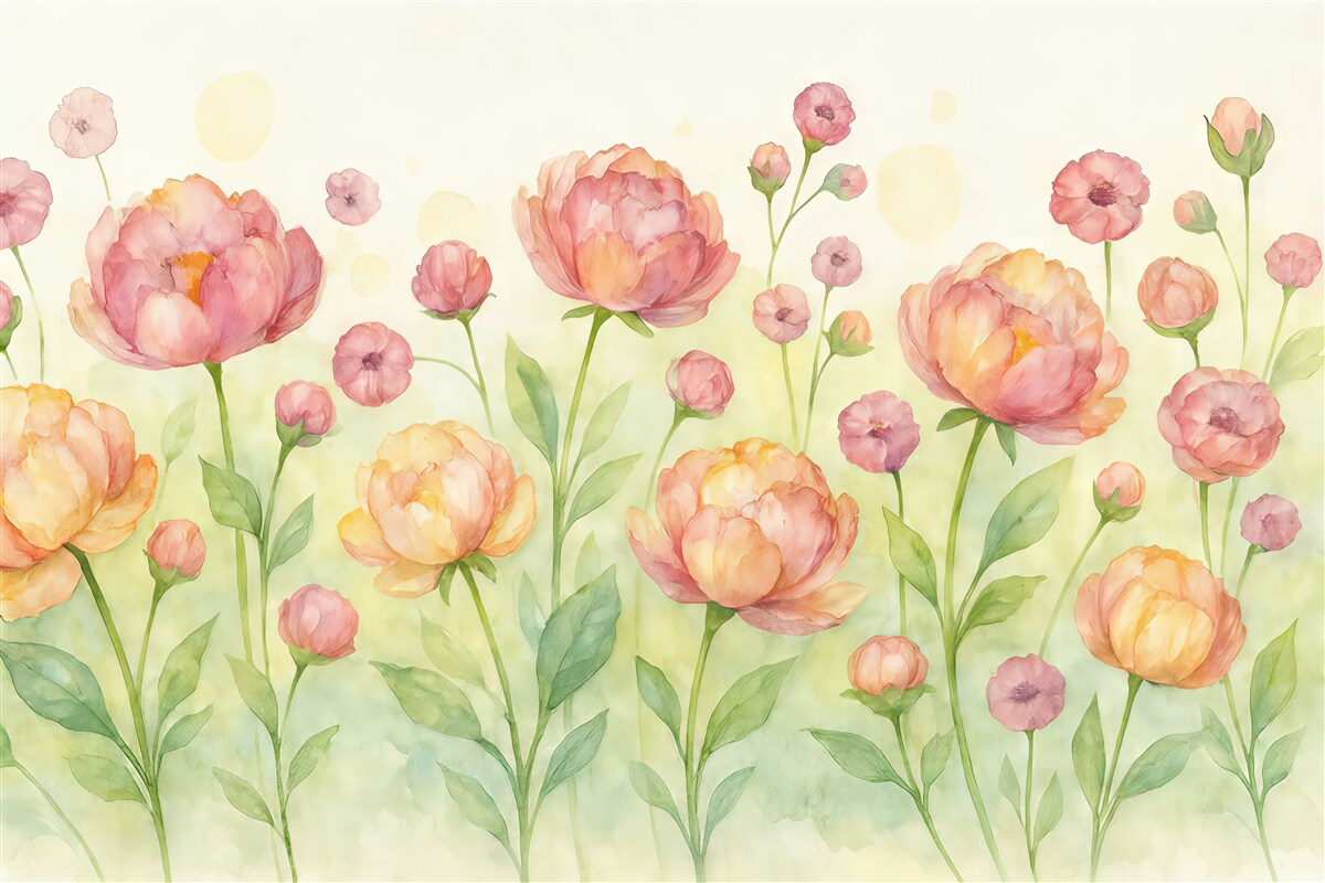 Fototapeta czerwono-pomarańczowe oraz różowe tulipany w technice akwarelowej na jasnym tle z zielonymi plamkami