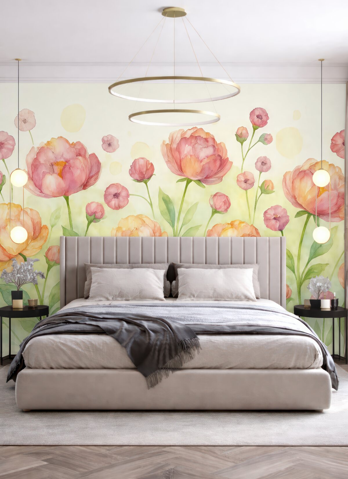 Fototapeta czerwono-pomarańczowe oraz różowe tulipany w technice akwarelowej na jasnym tle z zielonymi plamkami