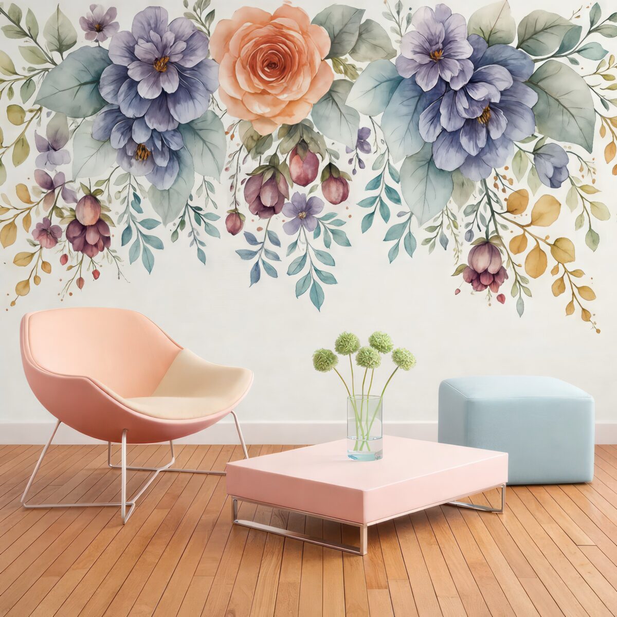 Fototapeta kwiatowy mural w autumnalnych odcieniach na jasnym, fakturowanym, szaro-mlecznym tle