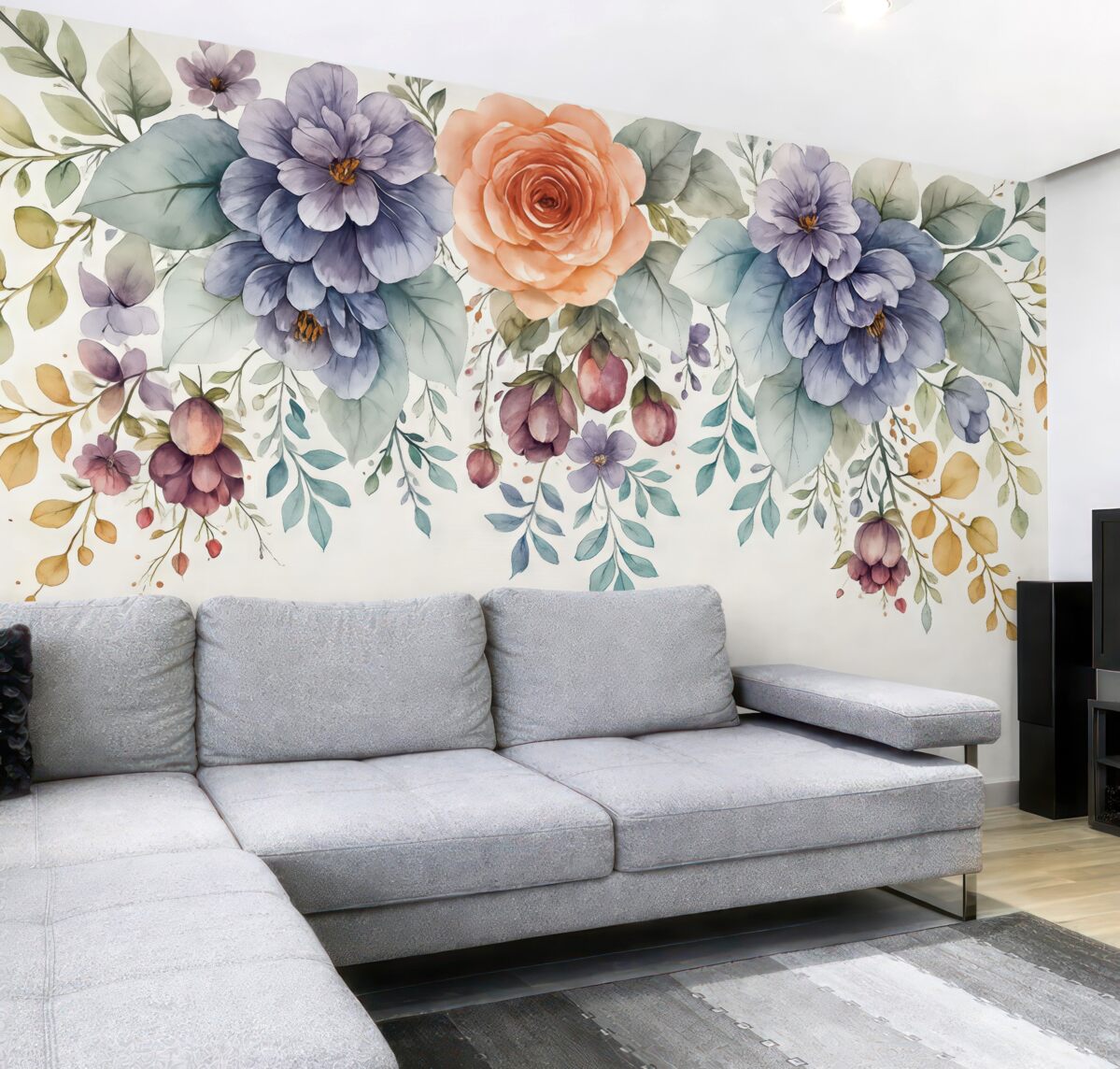 Fototapeta kwiatowy mural w autumnalnych odcieniach na jasnym, fakturowanym, szaro-mlecznym tle