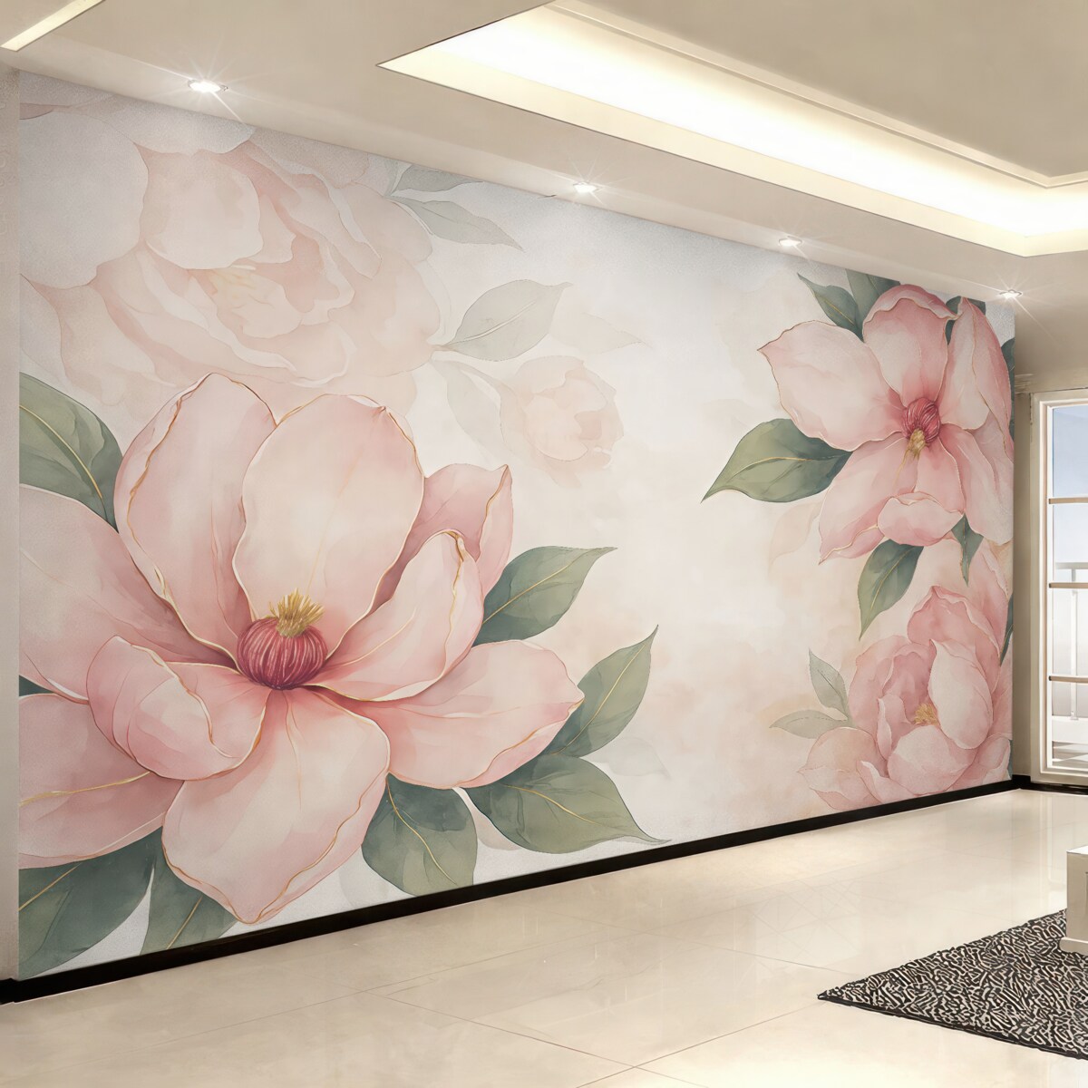 Fototapeta ogromne różowe kwiaty, zielone liście, akwarela, różowe tło, półprzezroczyste rośliny