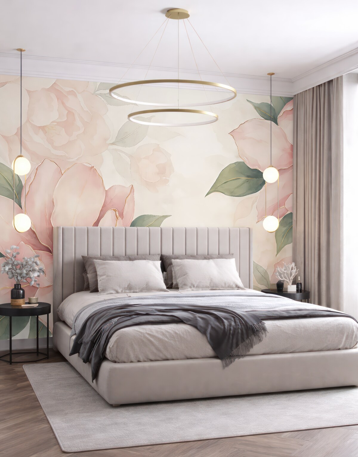 Fototapeta ogromne różowe kwiaty, zielone liście, akwarela, różowe tło, półprzezroczyste rośliny