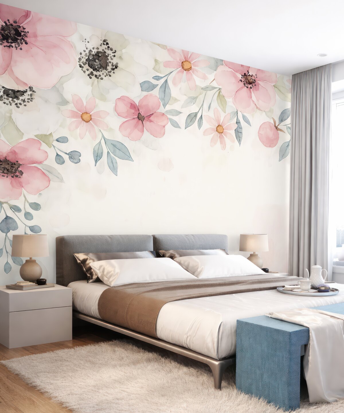 Fototapeta ogromne kwiaty, kwiaty z wysokiego punktu, kwiaty łąkowe, technika akwarelowa