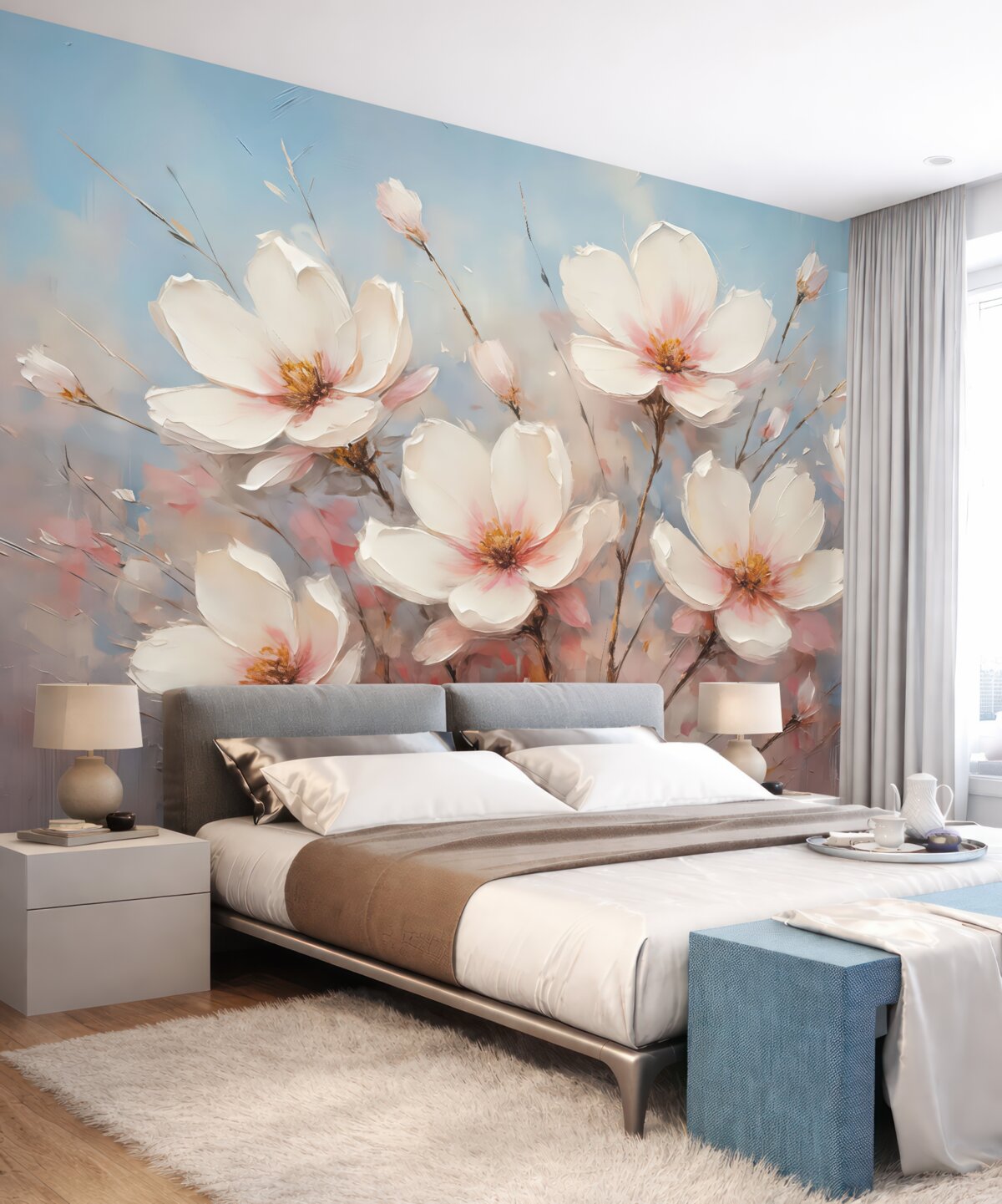 Fototapeta Kwiaty na tle abstrakcyjnym, w kolorze białym, niebieskim, szarym oraz różowym.