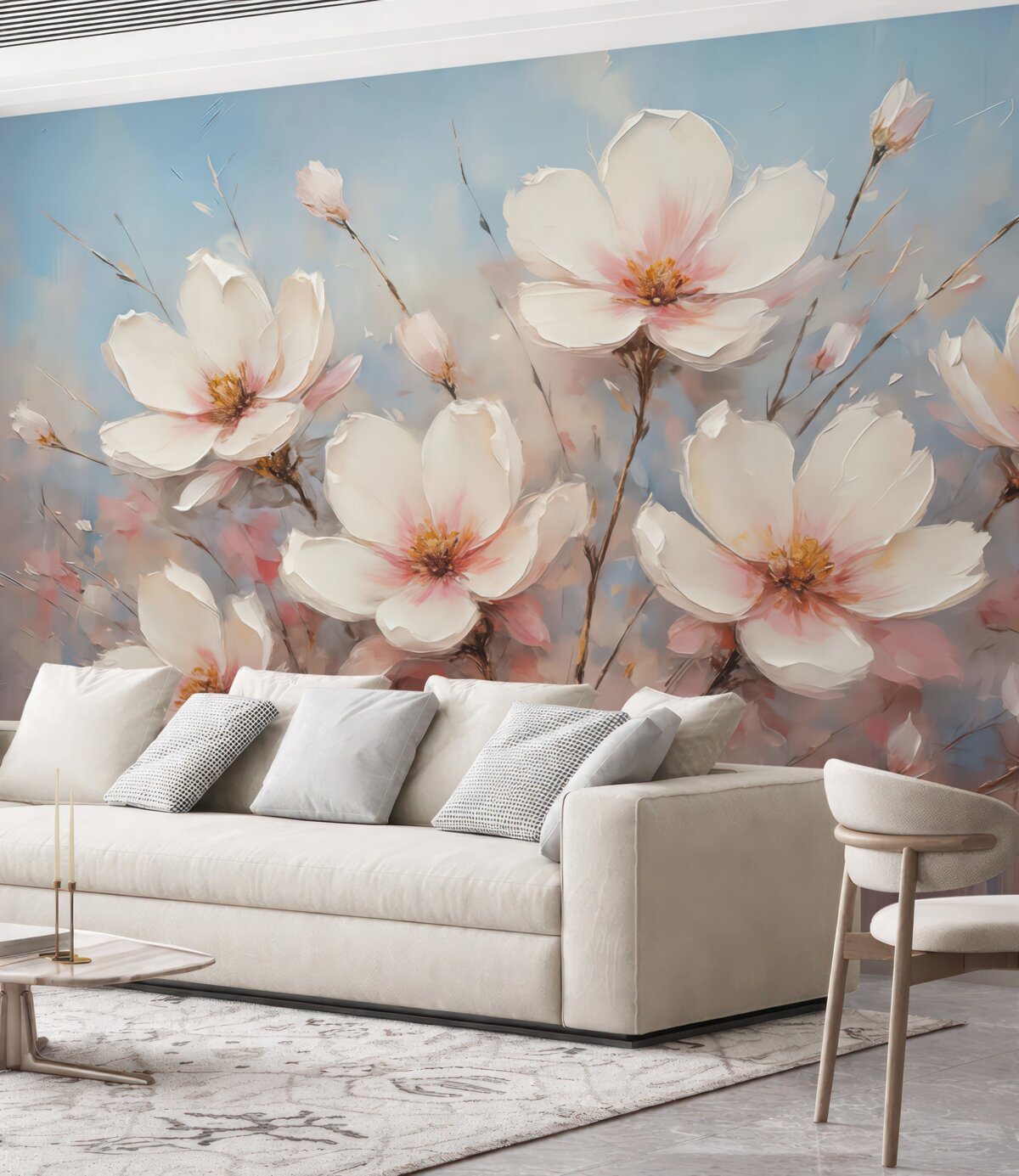 Fototapeta Kwiaty na tle abstrakcyjnym, w kolorze białym, niebieskim, szarym oraz różowym.