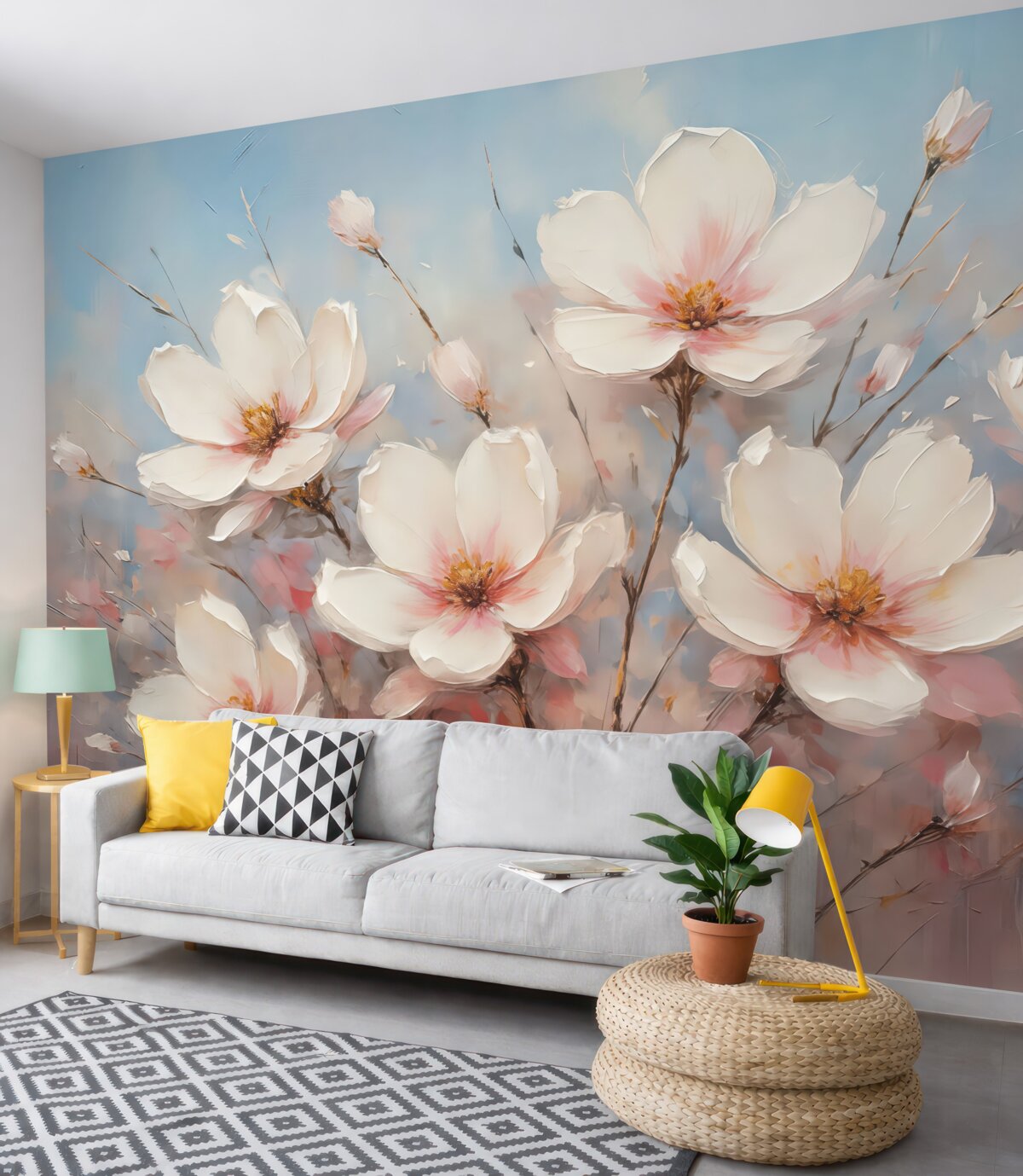 Fototapeta Kwiaty na tle abstrakcyjnym, w kolorze białym, niebieskim, szarym oraz różowym.