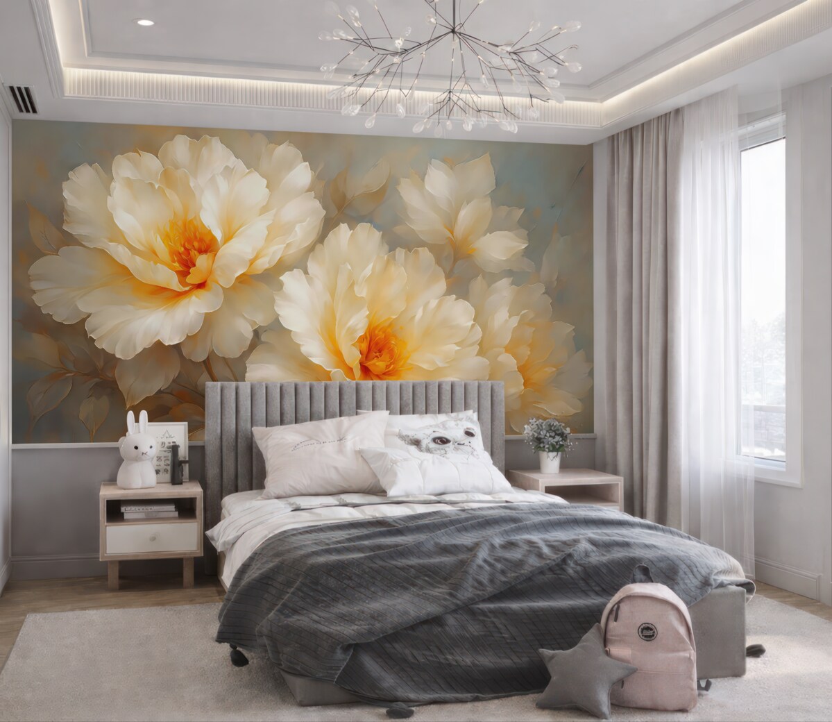 Fototapeta Para dużych białych kwiatów na szaro-niebieskim tle.