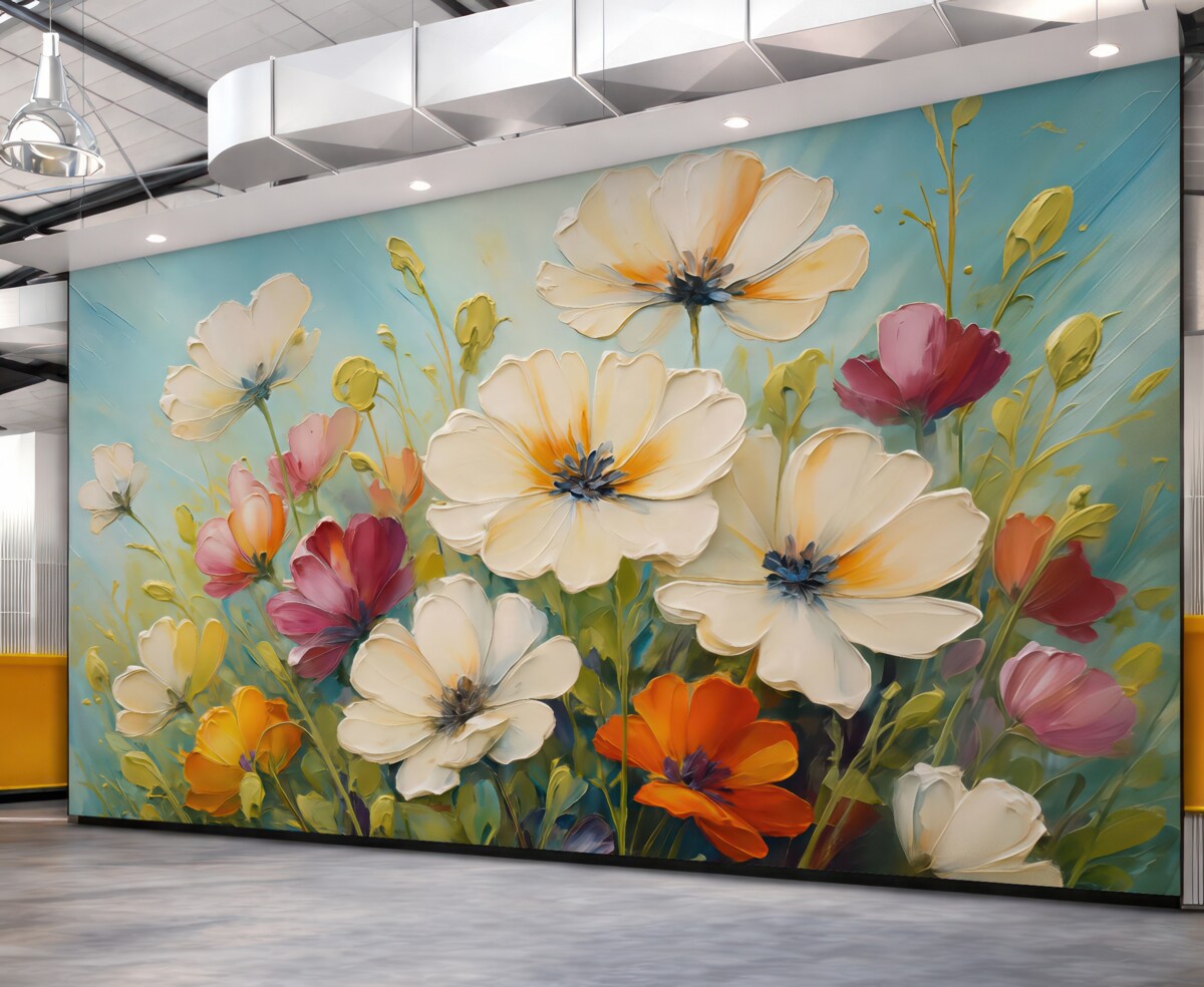 Fototapeta Abstrakcyjne białe maki na błękitnym tle, nawiązanie do ruchów pędzla.