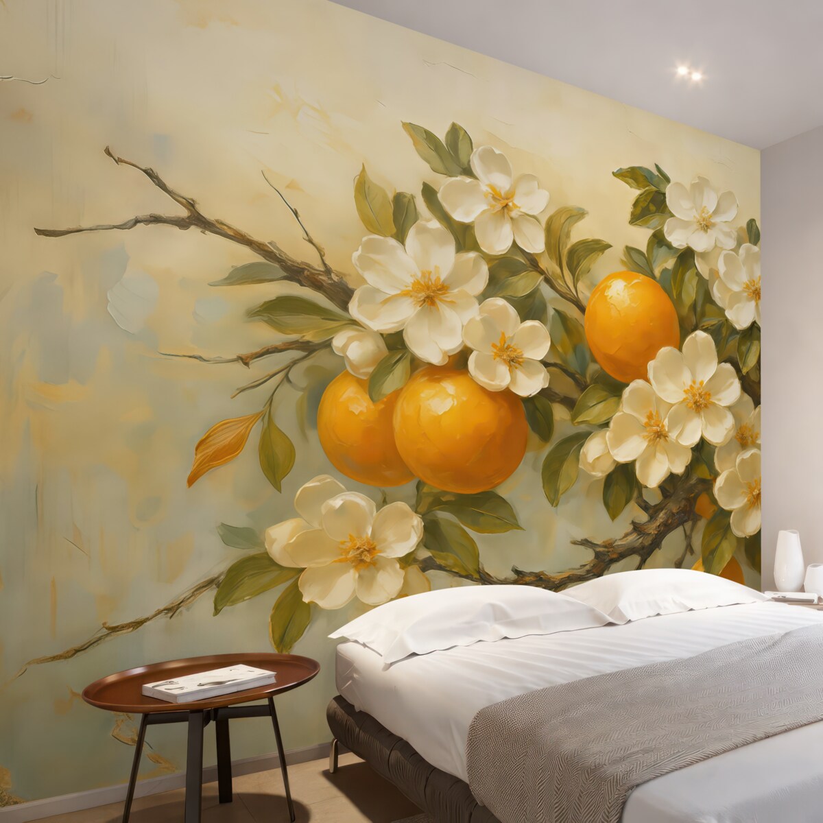 Fototapeta Gałązka z pomarańczami i białymi kwiatkami.