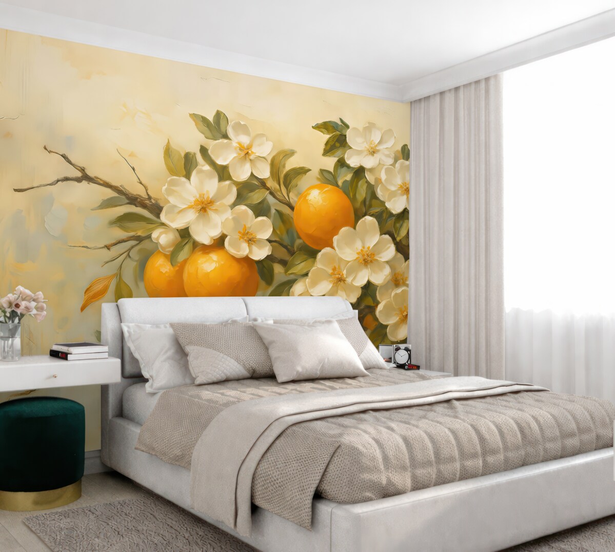 Fototapeta Gałązka z pomarańczami i białymi kwiatkami.