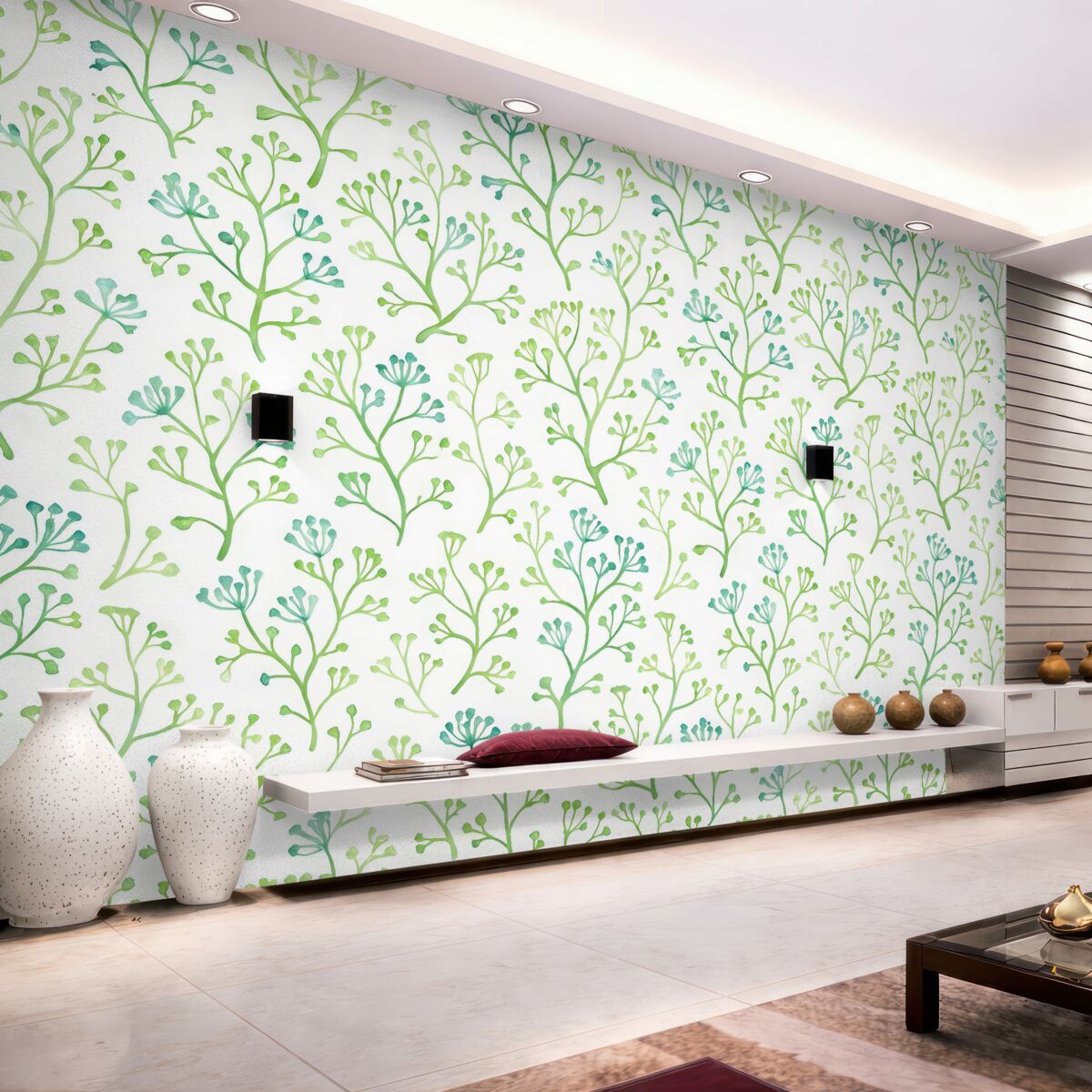 Fototapeta Wzór kwiatowy w stylistyce akwarelowej w odcieniach zieleni i turkusu na jasnym tle.