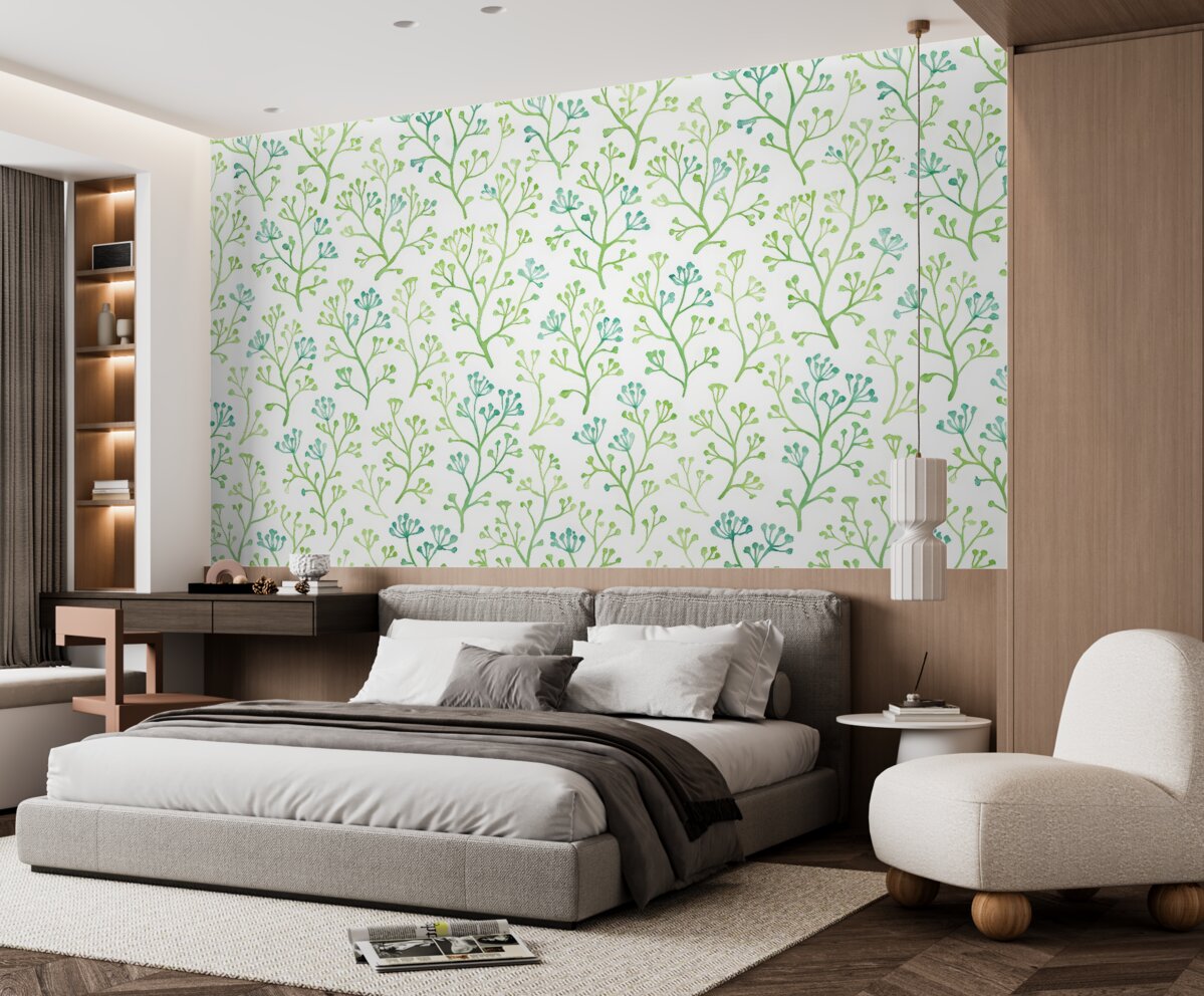 Fototapeta Wzór kwiatowy w stylistyce akwarelowej w odcieniach zieleni i turkusu na jasnym tle.