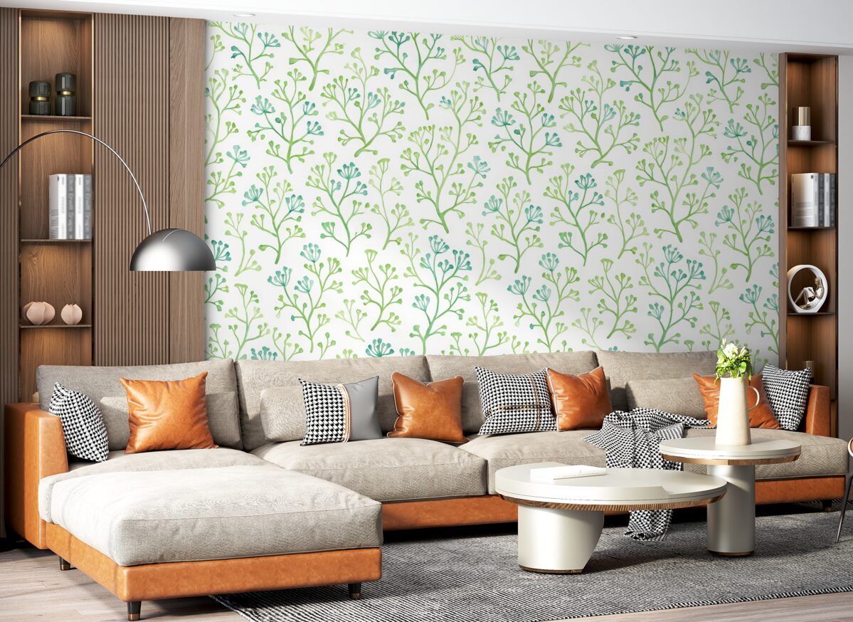 Fototapeta Wzór kwiatowy w stylistyce akwarelowej w odcieniach zieleni i turkusu na jasnym tle.