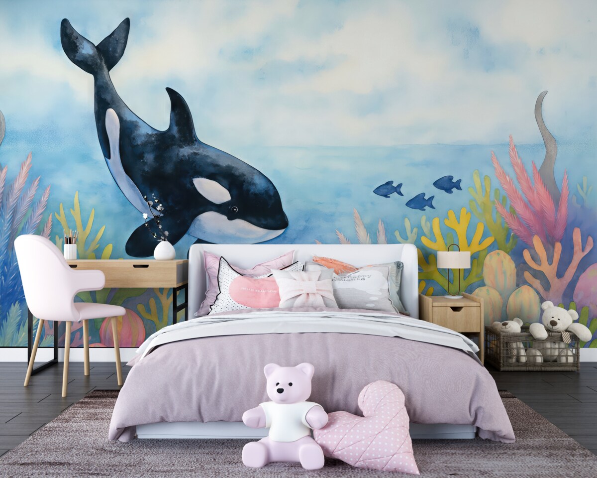 Fototapeta Tapeta dla dzieci przedstawiająca dużego wieloryba orkę w akwarelowym stylu na jasnoniebieskim tle oceanu i wodorostów.