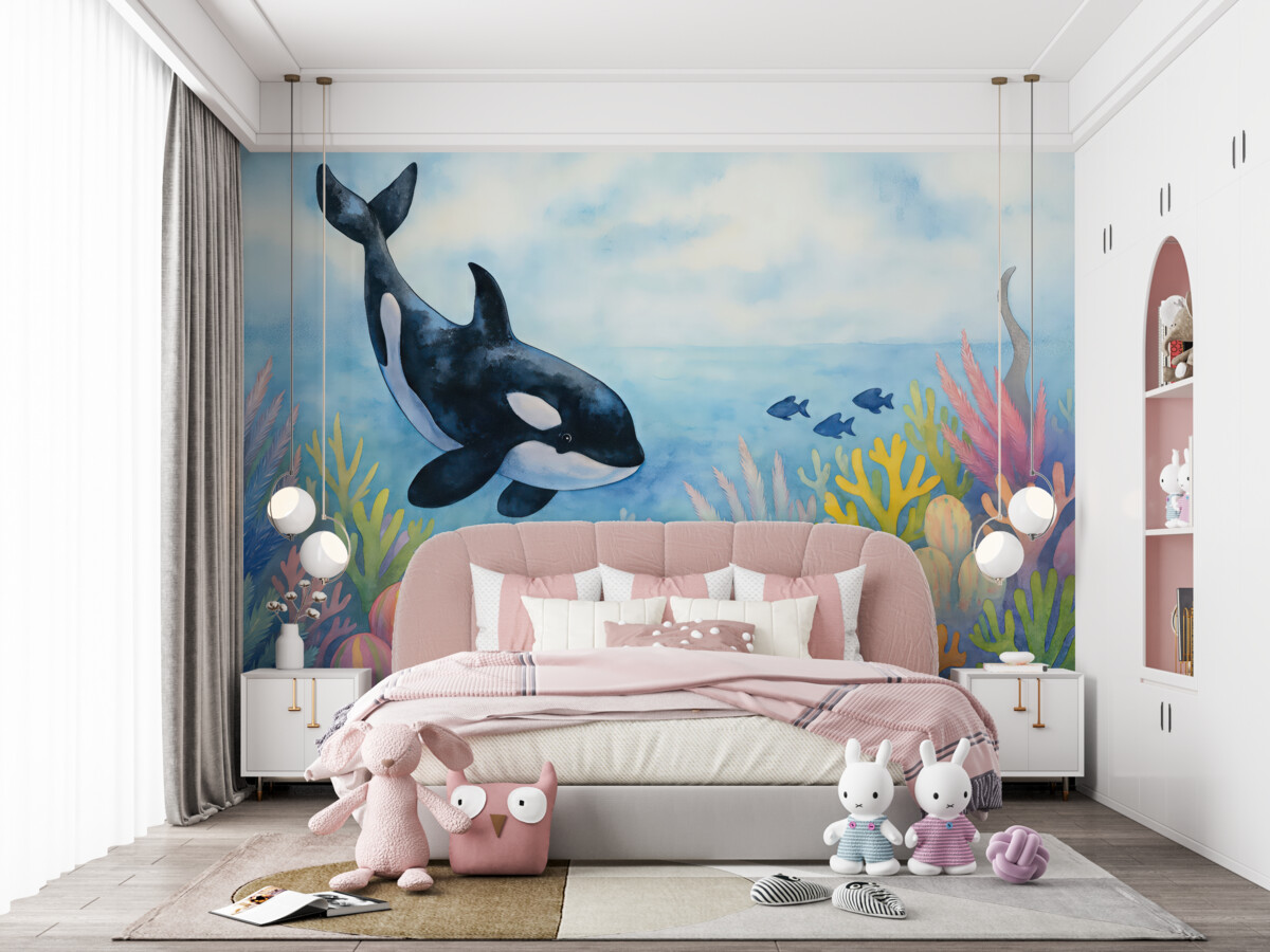 Fototapeta Tapeta dla dzieci przedstawiająca dużego wieloryba orkę w akwarelowym stylu na jasnoniebieskim tle oceanu i wodorostów.