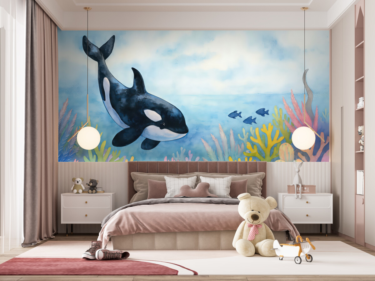 Fototapeta Tapeta dla dzieci przedstawiająca dużego wieloryba orkę w akwarelowym stylu na jasnoniebieskim tle oceanu i wodorostów.