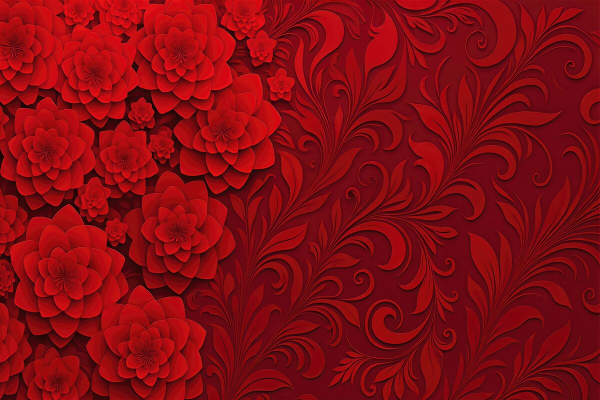 Fototapeta Bordowa tapeta z dużymi kwiatami, której wzór imituje objętość, na tle ornamentowego motywu.