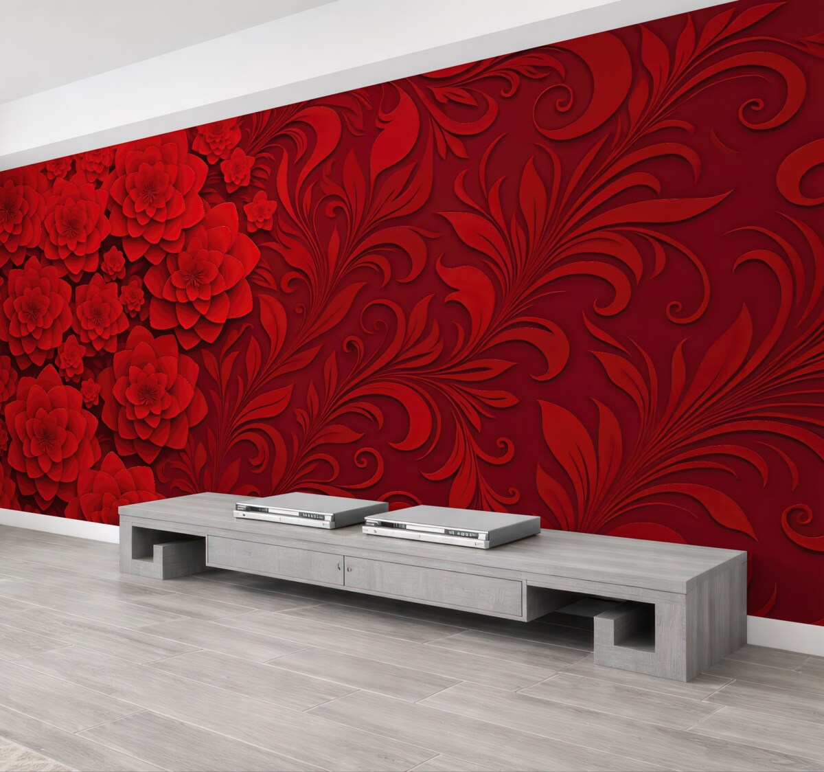 Fototapeta Bordowa tapeta z dużymi kwiatami, której wzór imituje objętość, na tle ornamentowego motywu.
