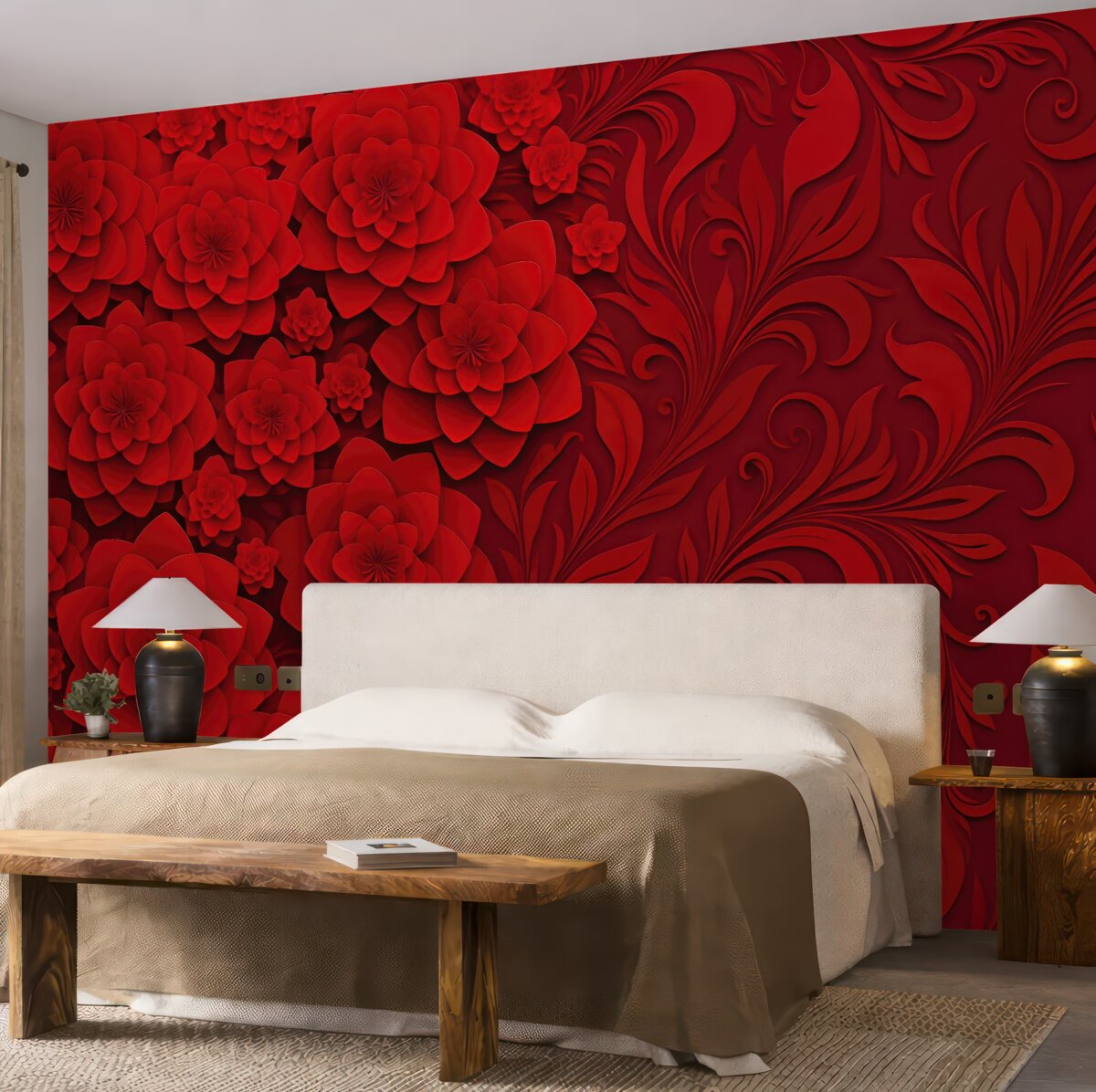 Fototapeta Bordowa tapeta z dużymi kwiatami, której wzór imituje objętość, na tle ornamentowego motywu.