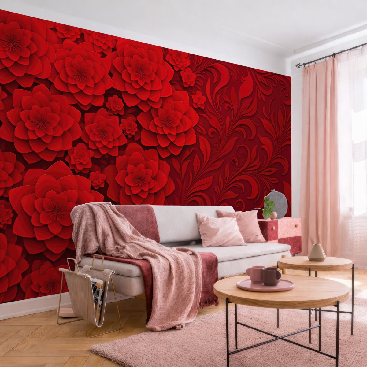 Fototapeta Bordowa tapeta z dużymi kwiatami, której wzór imituje objętość, na tle ornamentowego motywu.