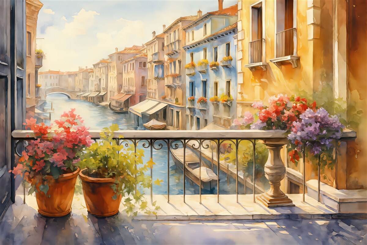 Fototapeta Rośliny w doniczkach na tarasie w Wenecji akwarela.