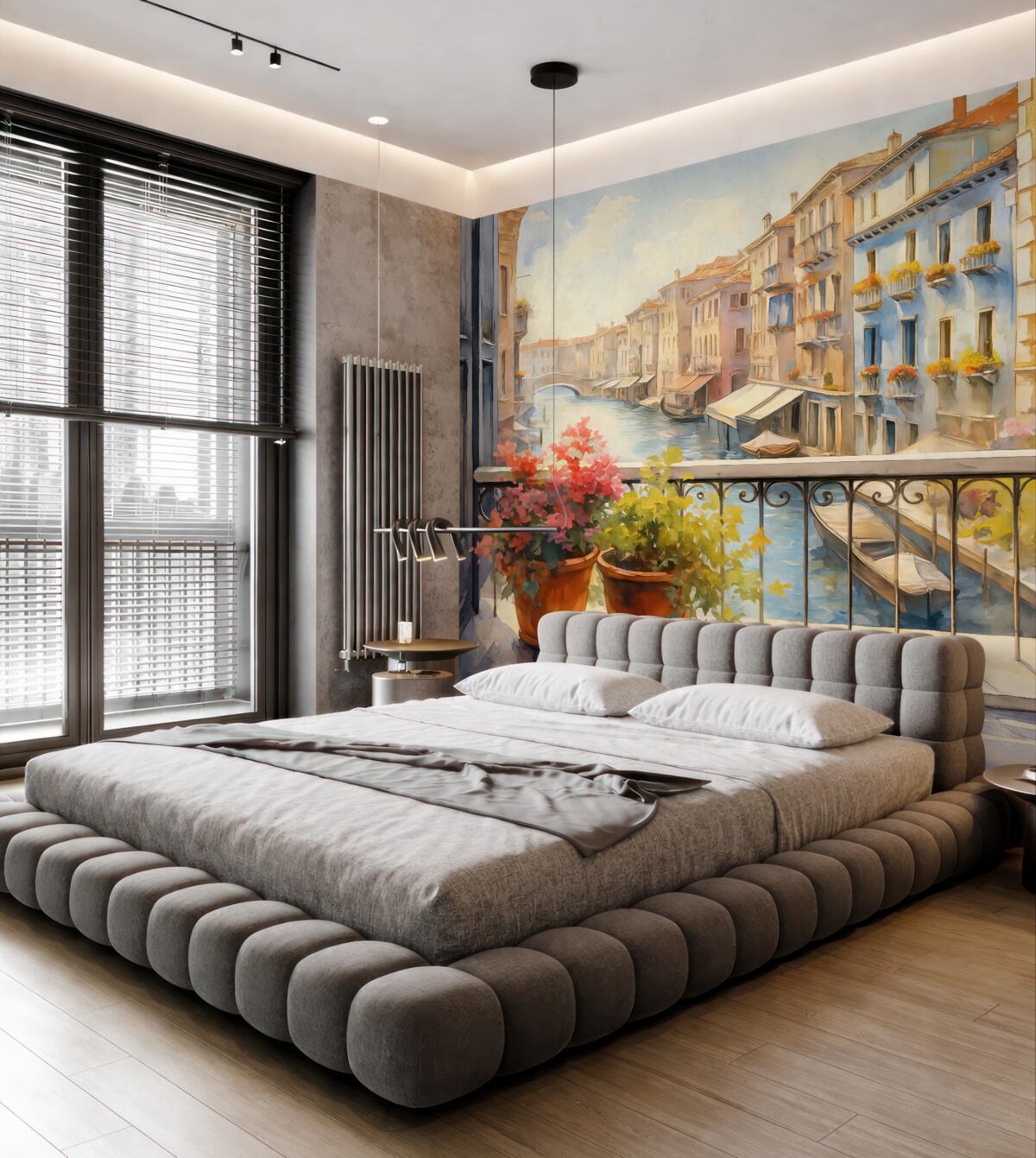 Fototapeta Rośliny w doniczkach na tarasie w Wenecji akwarela.