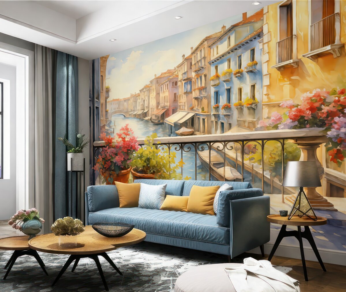 Fototapeta Rośliny w doniczkach na tarasie w Wenecji akwarela.