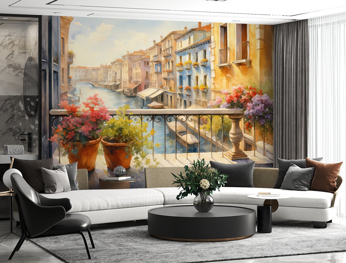 Fototapeta Rośliny w doniczkach na tarasie w Wenecji akwarela.