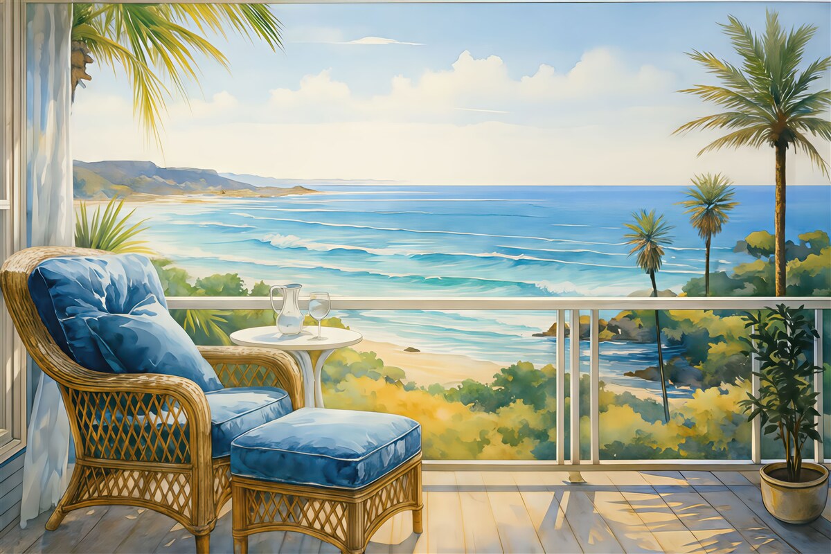 Fototapeta Niebieskie krzesło na balkonie z panoramą morza i palm akwarela.
