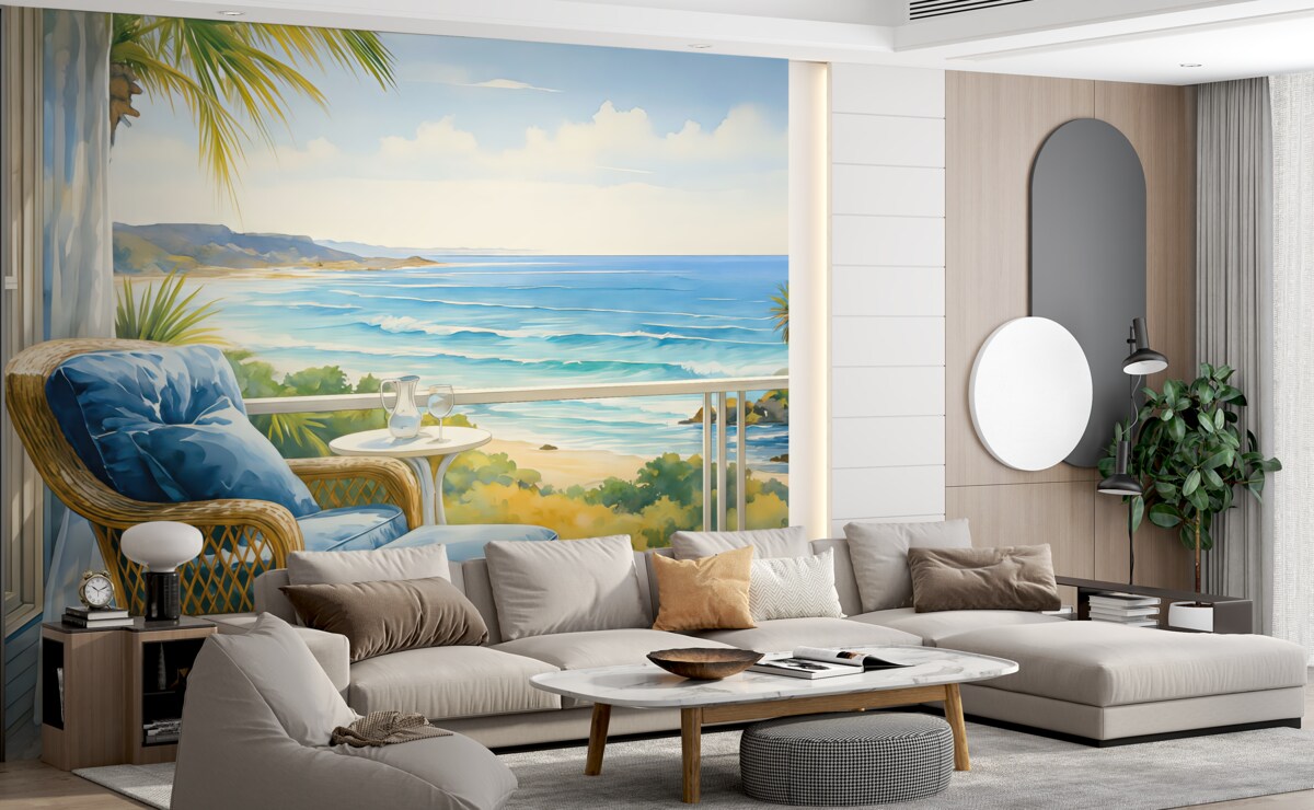 Fototapeta Niebieskie krzesło na balkonie z panoramą morza i palm akwarela.