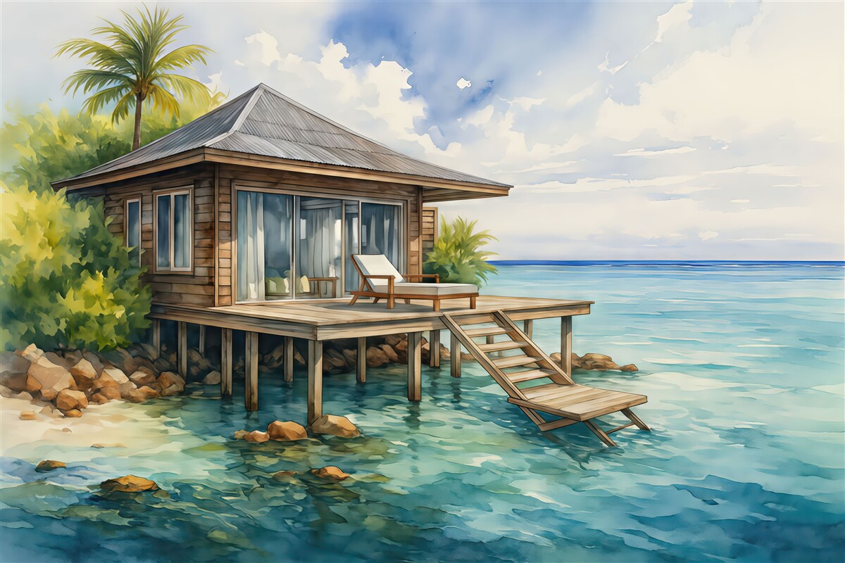 Fototapeta Drewniany budynek pośród morskiej akwareli.