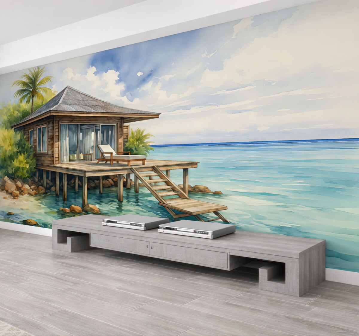 Fototapeta Drewniany budynek pośród morskiej akwareli.