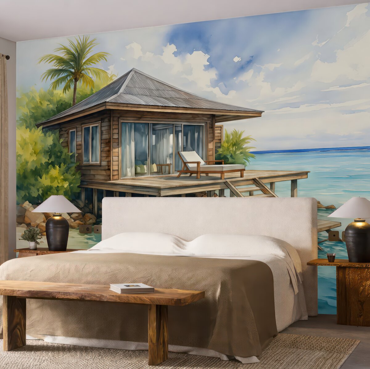 Fototapeta Drewniany budynek pośród morskiej akwareli.