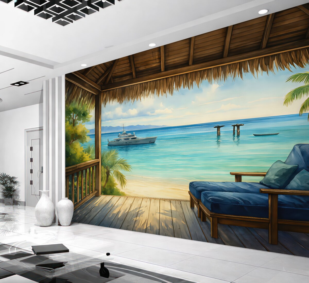 Fototapeta Niebieskie leżaki na balkonie do wypoczynku przy morskiej akwareli.