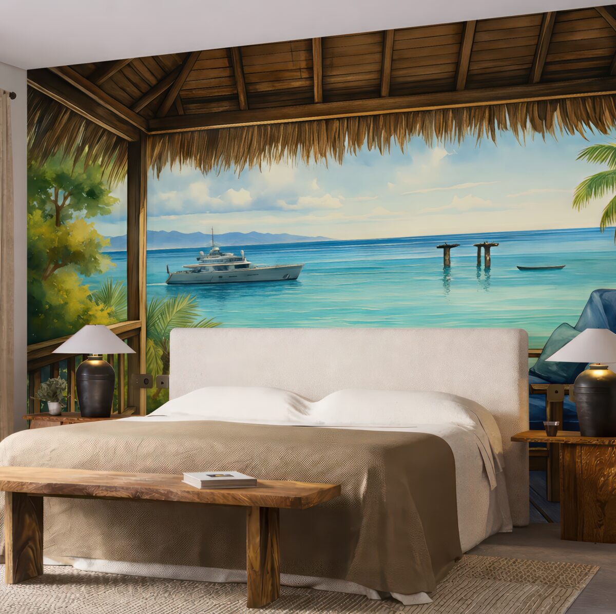 Fototapeta Niebieskie leżaki na balkonie do wypoczynku przy morskiej akwareli.