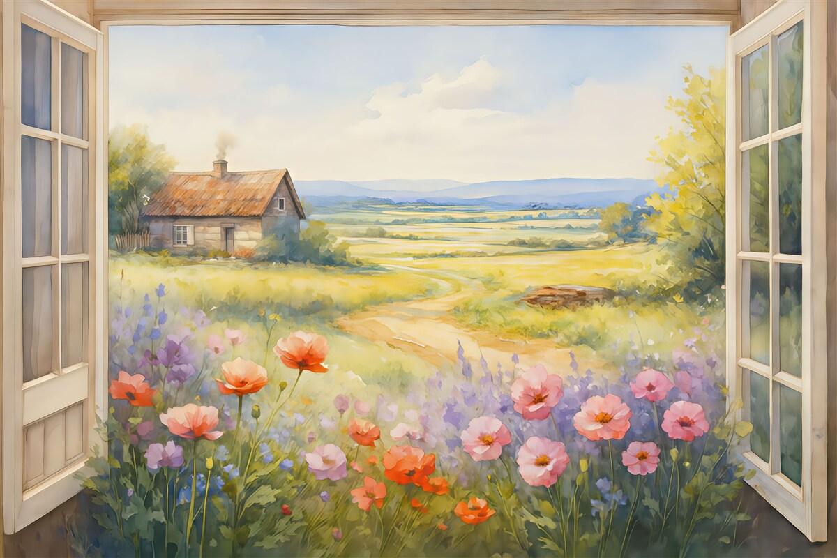 Fototapeta Widok z okna na pole z kwiatami oraz wiejski domek malowany akwarelą.