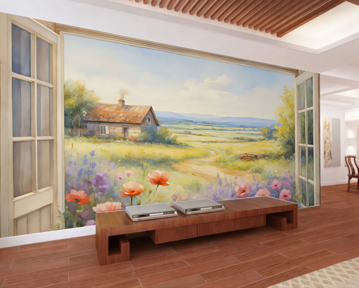 Fototapeta Widok z okna na pole z kwiatami oraz wiejski domek malowany akwarelą.