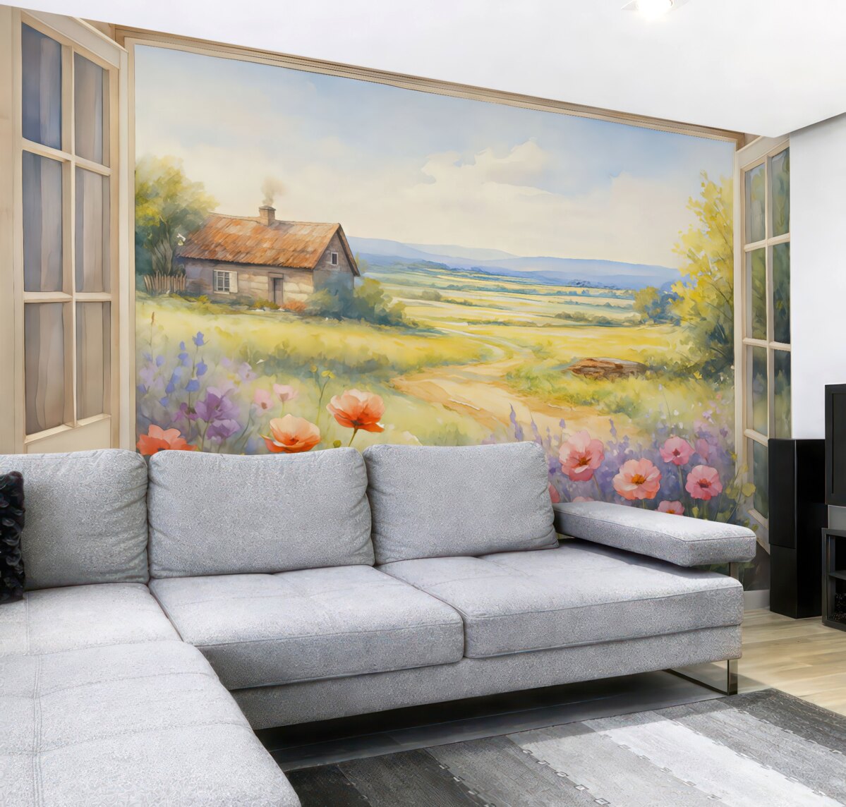 Fototapeta Widok z okna na pole z kwiatami oraz wiejski domek malowany akwarelą.