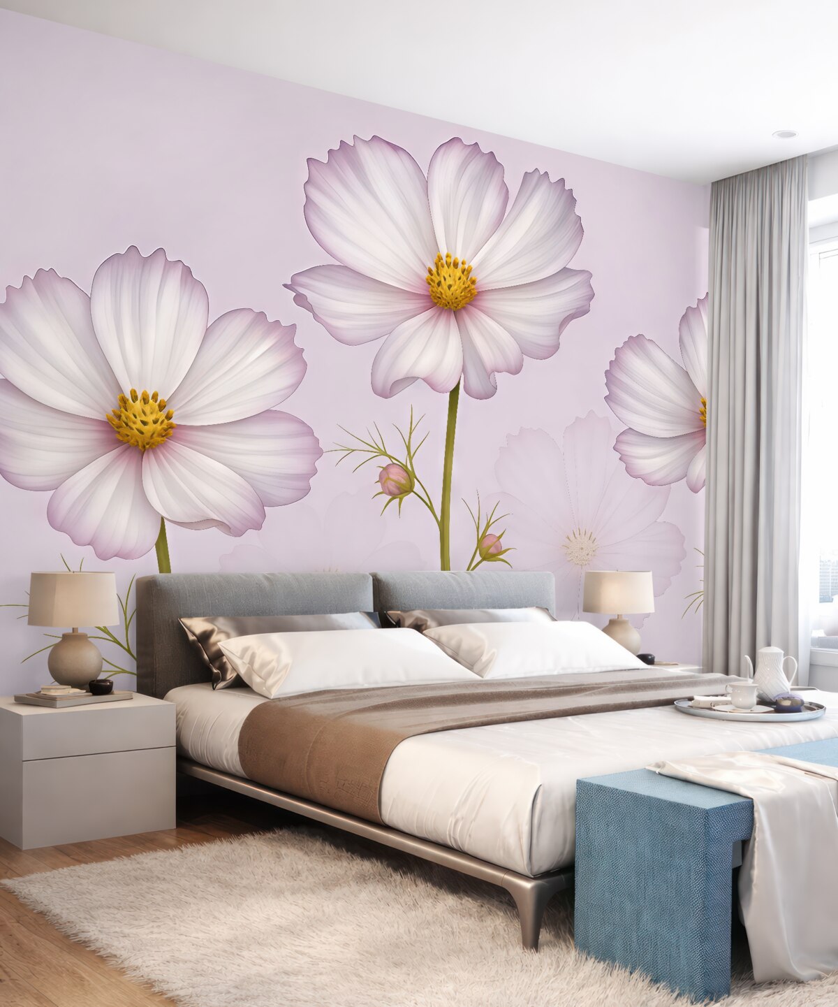 Fototapeta wielkie kwiaty łąkowe, purpurowe kwiaty, technika akwareli