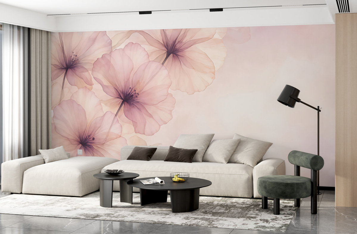 Fototapeta subtelne półprzezroczyste kwiaty, różowe rośliny, kwiaty obserwowane z góry