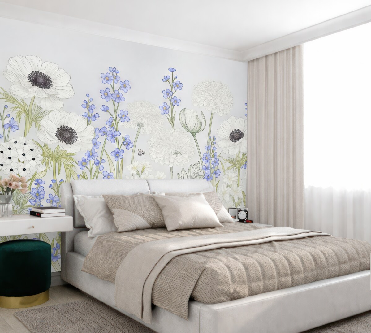 Fototapeta Kwiaty polne w malowaniu, niebieskie i białe, na szarej tle.