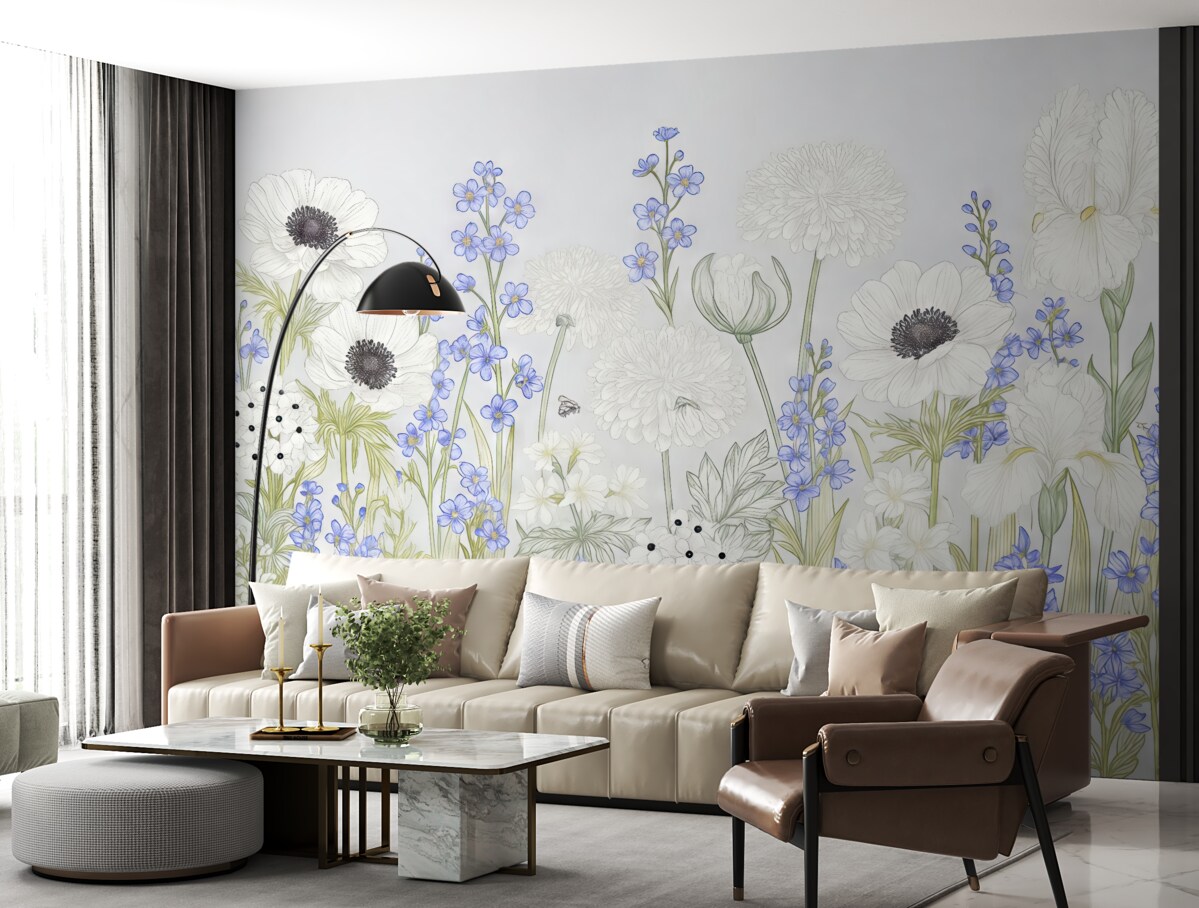Fototapeta Kwiaty polne w malowaniu, niebieskie i białe, na szarej tle.