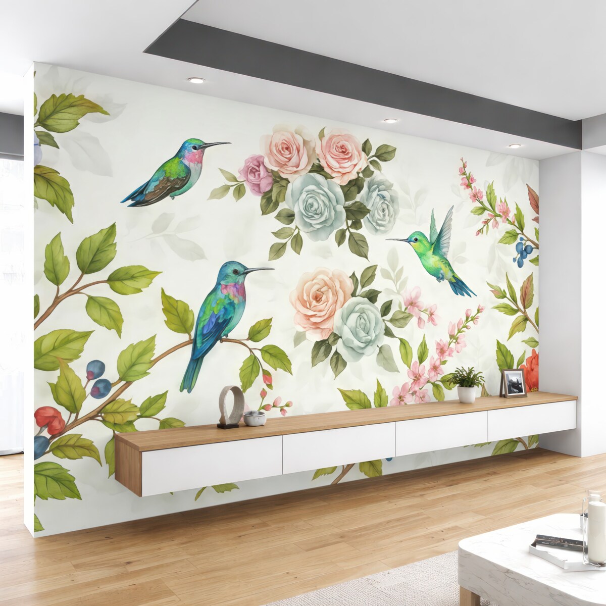 Fototapeta gałęzie z jasnymi kwiatami oraz ptakami