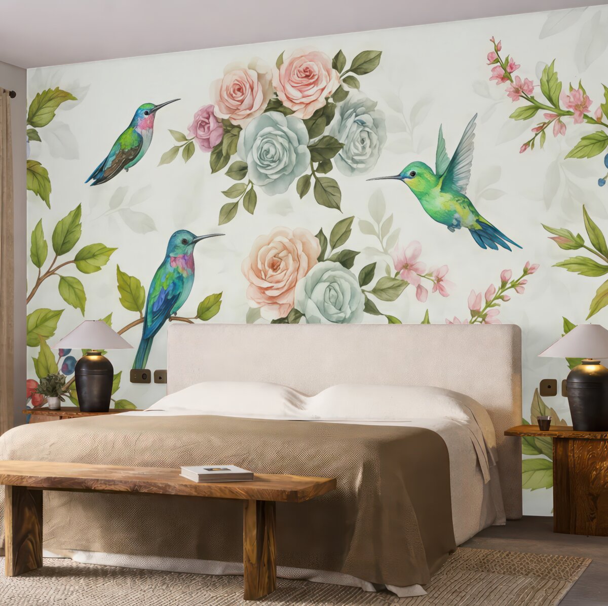 Fototapeta gałęzie z jasnymi kwiatami oraz ptakami