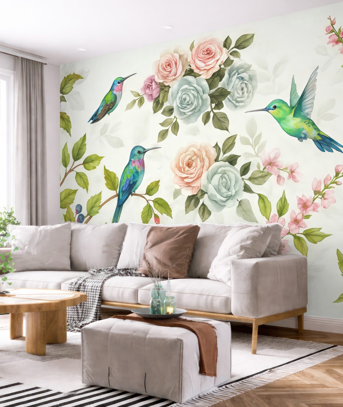 Fototapeta gałęzie z jasnymi kwiatami oraz ptakami