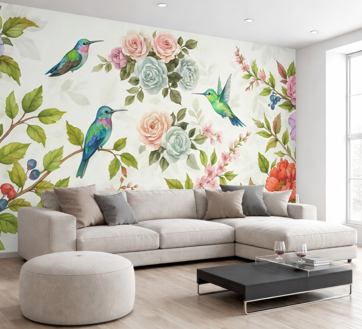 Fototapeta gałęzie z jasnymi kwiatami oraz ptakami