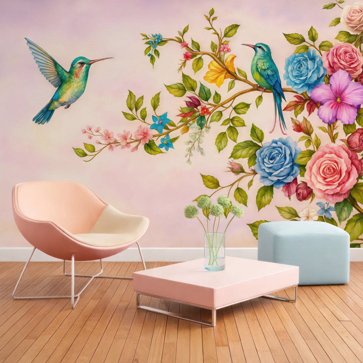 Fototapeta wielkie gałęzie z jasnymi kwiatami na różowej tle