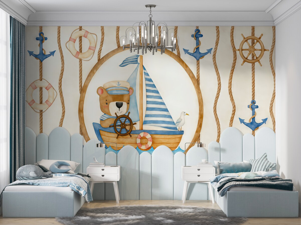 Fototapeta Tapeta do pokoju dla dzieci z morską grafiką i uroczym misiem na łódce w stylu akwareli na jasnym tle.