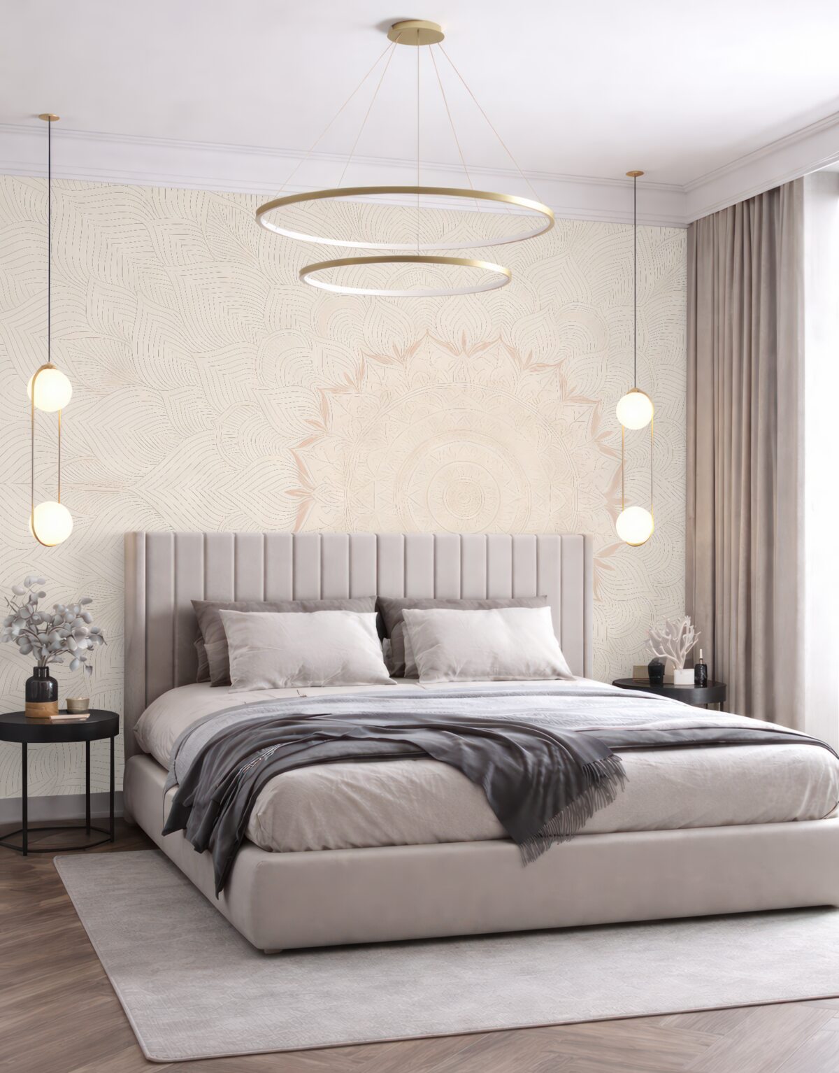 Fototapeta Okrągła mandala, tapeta do jogi lub do harmonizacji przestrzeni prywatnej. Mandala na ścianie w ciepłych pastelowych odcieniach na teksturowanym nieregularnym tle.