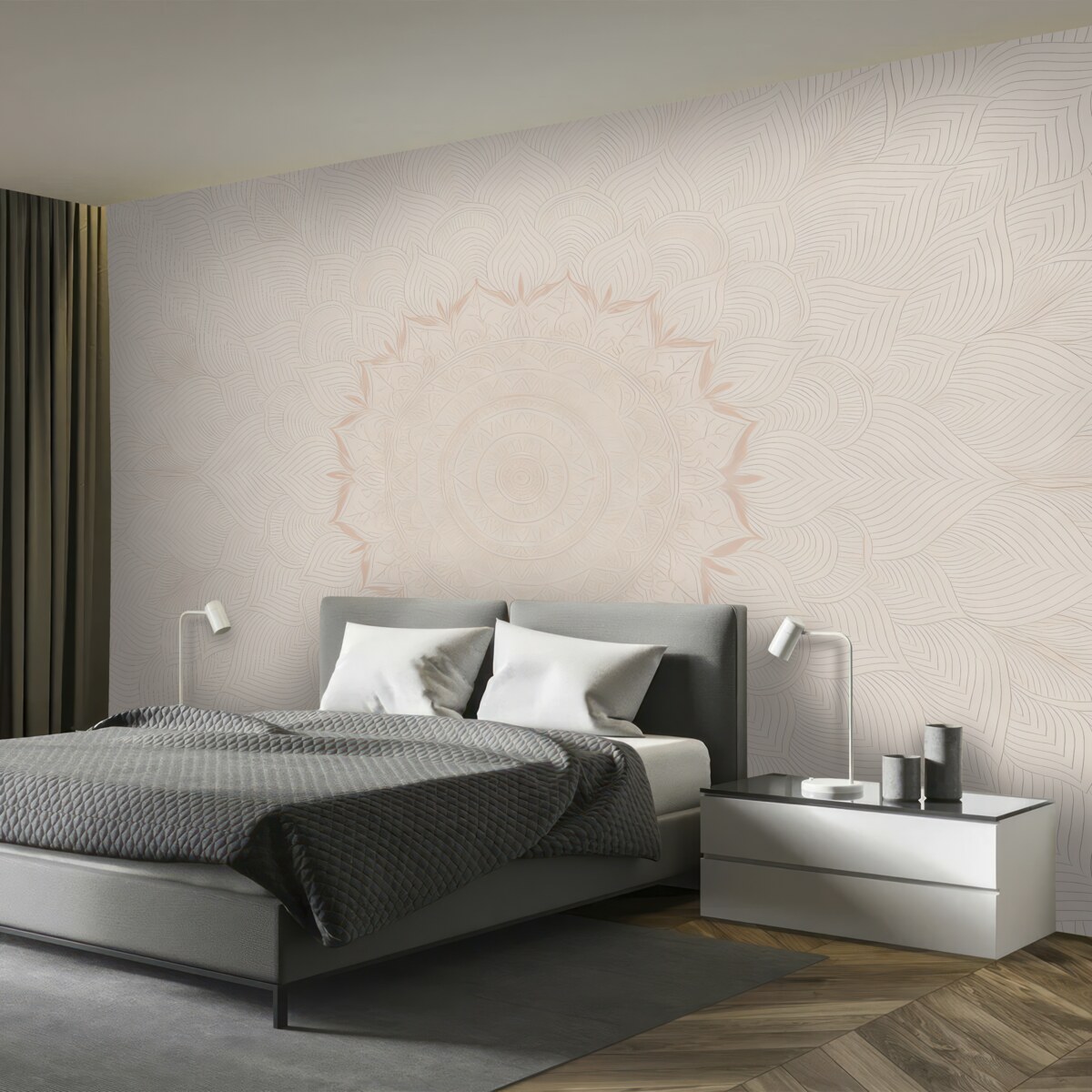 Fototapeta Okrągła mandala, tapeta do jogi lub do harmonizacji przestrzeni prywatnej. Mandala na ścianie w ciepłych pastelowych odcieniach na teksturowanym nieregularnym tle.